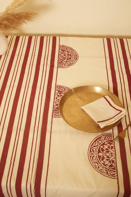 Buy Inheritance India White 100% Cotton Block Print Rangoli Table Cloth Buy_Inheritance India_White 100% Cotton Block Print Rangoli Table Cloth