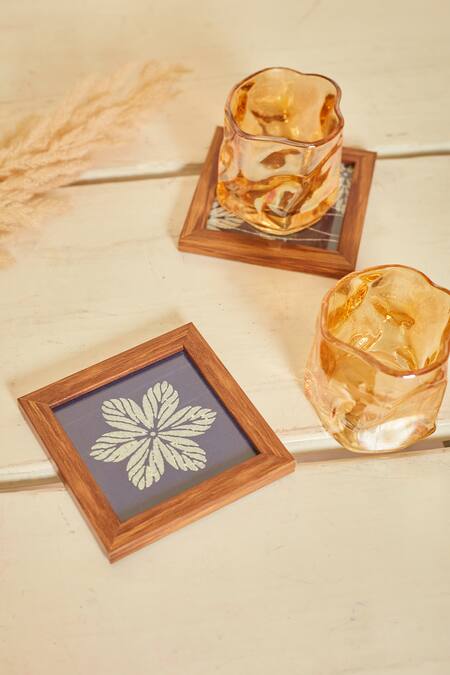 Shop Inheritance India Blue 100% Cotton Block Print Blossom 6 Pcs Coasters at Aza Fashions Shop_Inheritance India_Blue 100% Cotton Block Print Blossom 6 Pcs Coasters_at_Aza_Fashions