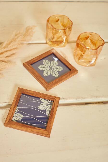 Inheritance India Blue 100% Cotton Block Print Blossom 6 Pcs Coasters Online at Aza Fashions Inheritance India_Blue 100% Cotton Block Print Blossom 6 Pcs Coasters_Online_at_Aza_Fashions