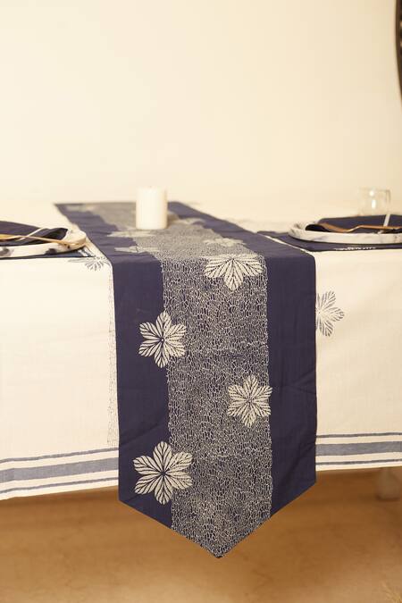 Shop Inheritance India Blue 100% Cotton Floral Print Table Runner at Aza Fashions Shop_Inheritance India_Blue 100% Cotton Floral Print Table Runner_at_Aza_Fashions