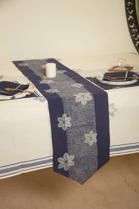 Shop Inheritance India Blue 100% Cotton Floral Bloom Print Table Runner at Aza Fashions Shop_Inheritance India_Blue 100% Cotton Floral Bloom Print Table Runner_at_Aza_Fashions
