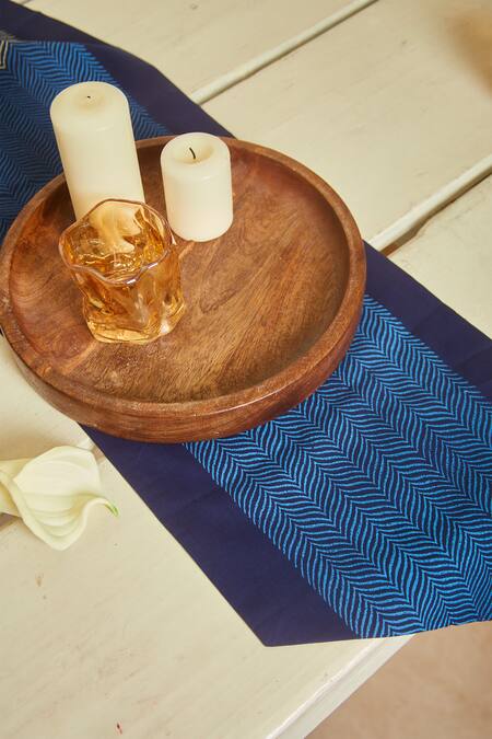 Shop Inheritance India Blue 100% Cotton Wave Print Table Runner Online at Aza Fashions Shop_Inheritance India_Blue 100% Cotton Wave Print Table Runner_Online_at_Aza_Fashions