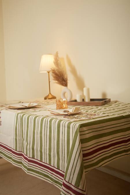 Shop Inheritance India White 100% Cotton Bijnor Floral Print Table Cover at Aza Fashions Shop_Inheritance India_White 100% Cotton Bijnor Floral Print Table Cover_at_Aza_Fashions