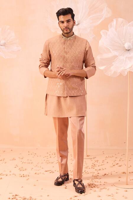 Contrast By Parth_Brown Silk Cut Work, Embroidery Hand Nehru Jacket And Kurta Set_Online_at_Aza_Fashions