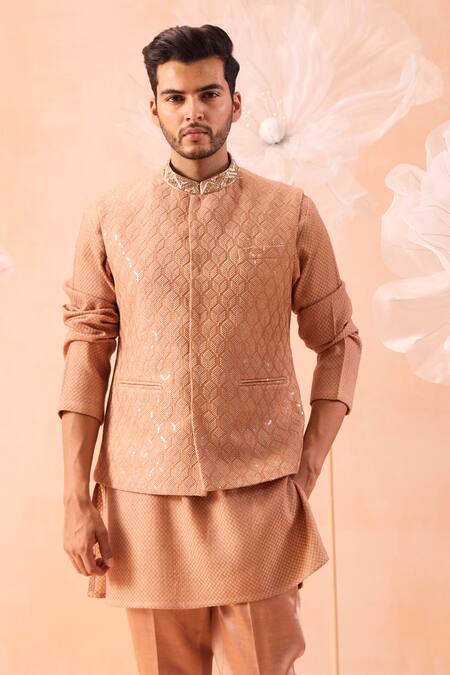 Buy_Contrast By Parth_Brown Silk Cut Work, Embroidery Hand Nehru Jacket And Kurta Set_Online_at_Aza_Fashions