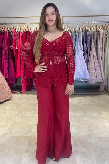 K&A By Karishma and Ashita Red Net Embroidery Glass Bead Broad V Neck Carmine Jacket Flared Pant Set 