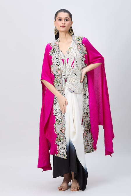 MINAXI DADOO Pink China Dupion Embellished V Neck Cape And Shaded Skirt Set 