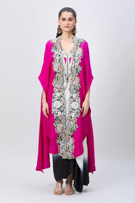 Minaxi Dadoo Pink Silk Embroidery V-neck Embellished Cape And Shaded Skirt Set Online at Aza Fashions Minaxi Dadoo_Pink Silk Embroidery V-neck Embellished Cape And Shaded Skirt Set _Online_at_Aza_Fashions