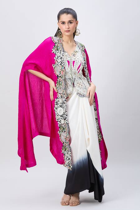 Buy Minaxi Dadoo Pink Silk Embroidery V-neck Embellished Cape And Shaded Skirt Set Online at Aza Fashions Buy_Minaxi Dadoo_Pink Silk Embroidery V-neck Embellished Cape And Shaded Skirt Set _Online_at_Aza_Fashions