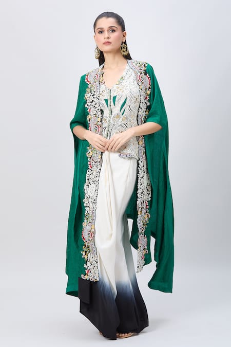 MINAXI DADOO Green China Dupion Embellished V Neck Cape And Shaded Draped Skirt Set 