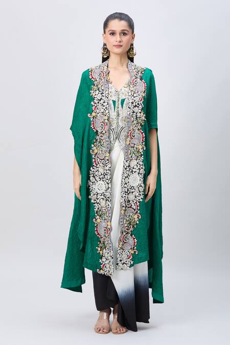 Minaxi Dadoo_Green Silk Sequins V-neck Embellished Cape And Shaded Draped Skirt Set _Online_at_Aza_Fashions