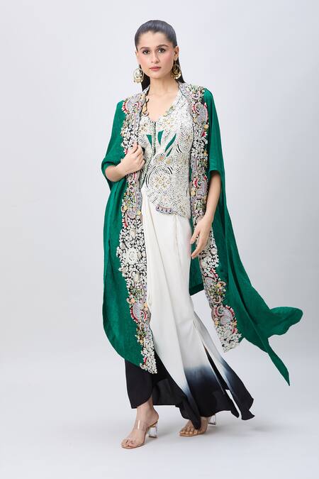Buy_Minaxi Dadoo_Green Silk Sequins V-neck Embellished Cape And Shaded Draped Skirt Set _Online_at_Aza_Fashions