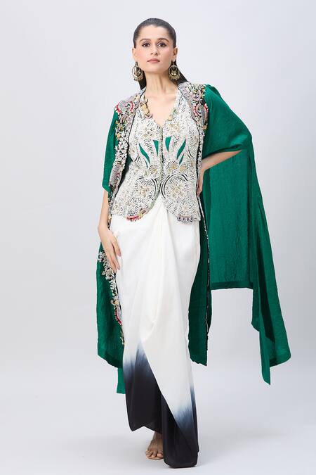 Shop_Minaxi Dadoo_Green Silk Sequins V-neck Embellished Cape And Shaded Draped Skirt Set _Online_at_Aza_Fashions
