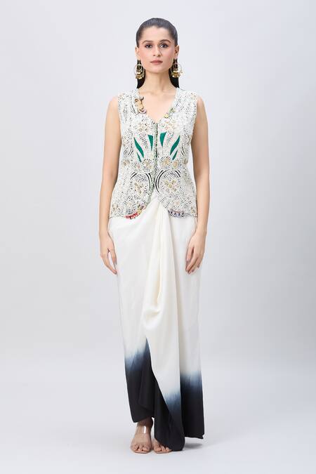 Buy_Minaxi Dadoo_Green Silk Sequins V-neck Embellished Cape And Shaded Draped Skirt Set 