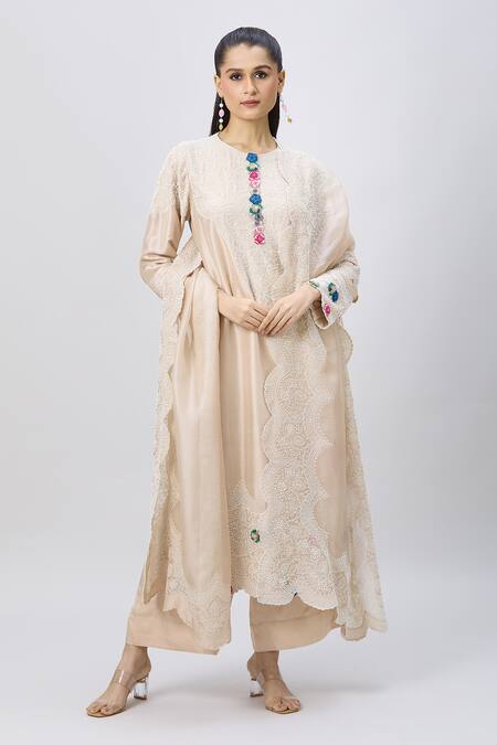 Minaxi Dadoo_Beige Silk, Satin, Organza Pearls, Sequins Embroidered Long Straight Kurta Set _Online_at_Aza_Fashions