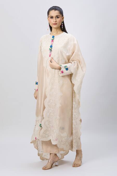 Buy_Minaxi Dadoo_Beige Silk, Satin, Organza Pearls, Sequins Embroidered Long Straight Kurta Set _Online_at_Aza_Fashions