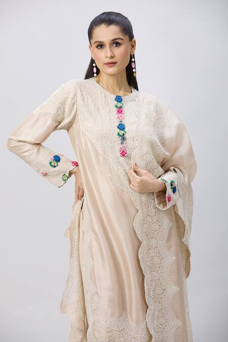 Shop_Minaxi Dadoo_Beige Silk, Satin, Organza Pearls, Sequins Embroidered Long Straight Kurta Set _Online_at_Aza_Fashions