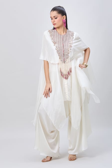 MINAXI DADOO Ivory Dupion Silk Embellished Tassels Round Hankey Cape And Flared Pant Set 