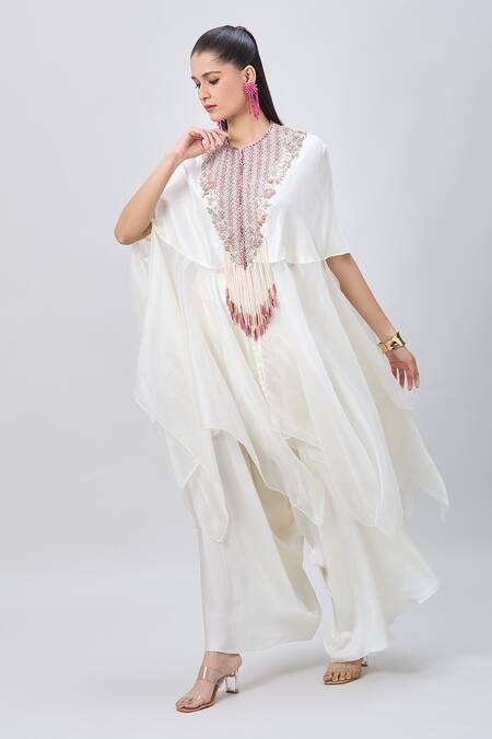 Buy_Minaxi Dadoo_Ivory Organza, Silk Tasseled Hankey Cape And Flared Pant Set _Online_at_Aza_Fashions