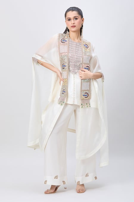 MINAXI DADOO Peacock Embroidered Cape & Kurta Set 