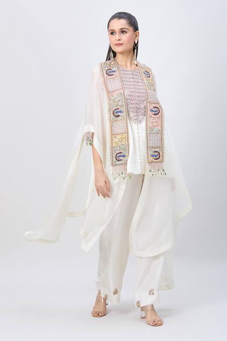 Buy_Minaxi Dadoo_Ivory Organza, Silk Pearls, Sequins, Zari Peacock Embroidered Cape And Kurta Set _Online_at_Aza_Fashions