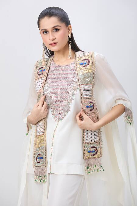 Shop_Minaxi Dadoo_Ivory Organza, Silk Pearls, Sequins, Zari Peacock Embroidered Cape And Kurta Set _Online_at_Aza_Fashions