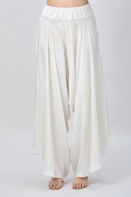 Minaxi Dadoo_Ivory Satin Thread Embroidered Cape And Flared Pant Set _Online_at_Aza_Fashions