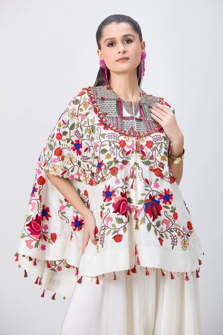 Buy_Minaxi Dadoo_Ivory Satin Thread Embroidered Cape And Flared Pant Set _Online_at_Aza_Fashions