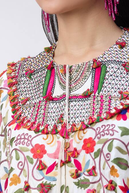 Shop_Minaxi Dadoo_Ivory Satin Thread Embroidered Cape And Flared Pant Set _Online_at_Aza_Fashions