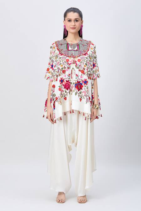 Minaxi Dadoo_Ivory Satin Thread Embroidered Cape And Flared Pant Set _at_Aza_Fashions