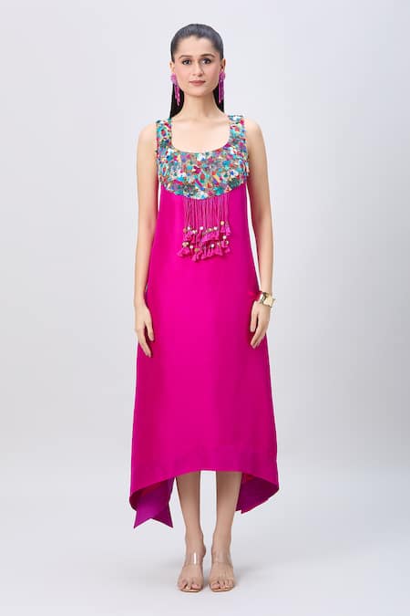 Minaxi Dadoo_Pink Silk Tassels Round Neck Embellished Tunic And Cape _Online_at_Aza_Fashions