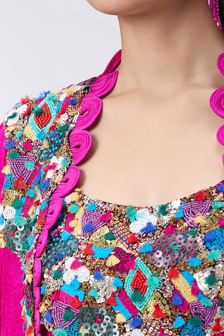 Buy_Minaxi Dadoo_Pink Silk Tassels Round Neck Embellished Tunic And Cape _Online_at_Aza_Fashions