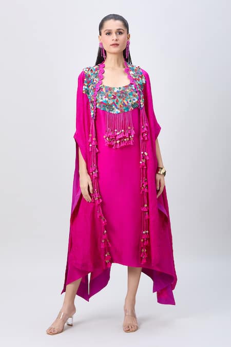 Shop_Minaxi Dadoo_Pink Silk Tassels Round Neck Embellished Tunic And Cape _Online_at_Aza_Fashions