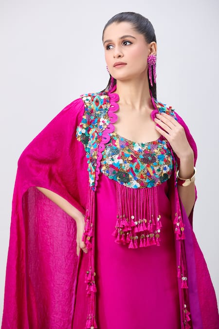 Minaxi Dadoo_Pink Silk Tassels Round Neck Embellished Tunic And Cape _at_Aza_Fashions