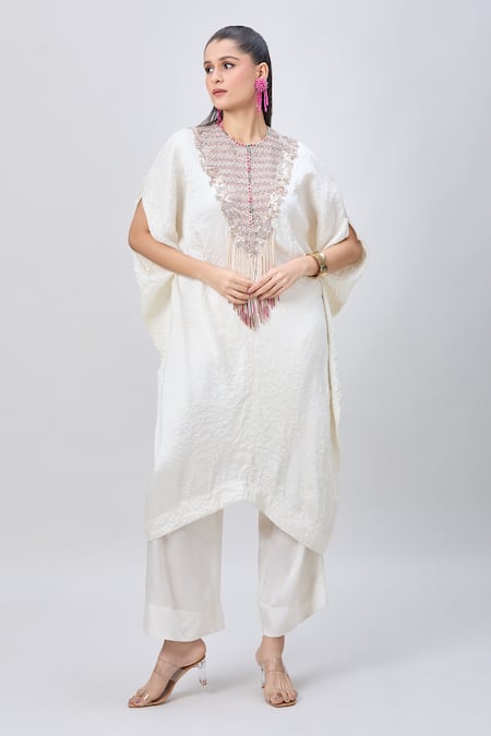 MINAXI DADOO Ivory Dupion Silk Embellished Dori Work Round Yoke Crushed Kaftan And Pant Set 