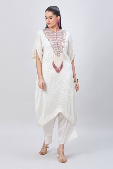 Buy_Minaxi Dadoo_Ivory Dupion Silk Embellished Dori Work Round Yoke Crushed Kaftan And Pant Set _Online_at_Aza_Fashions