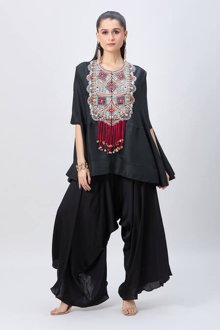 Buy_Minaxi Dadoo_Black Satin Boho Embellished Cape And Flared Pant Set _Online_at_Aza_Fashions