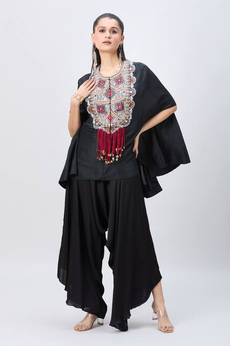 Shop_Minaxi Dadoo_Black Satin Boho Embellished Cape And Flared Pant Set _Online_at_Aza_Fashions