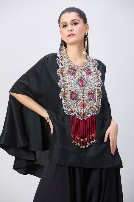 Minaxi Dadoo_Black Satin Boho Embellished Cape And Flared Pant Set _at_Aza_Fashions