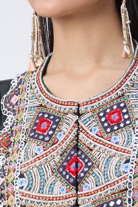 Buy_Minaxi Dadoo_Black Satin Boho Embellished Cape And Flared Pant Set 