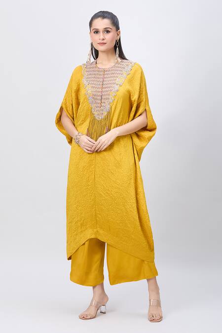 Minaxi Dadoo_Yellow Silk Round Neck Embellished Crushed Kaftan And Pant Set _Online_at_Aza_Fashions