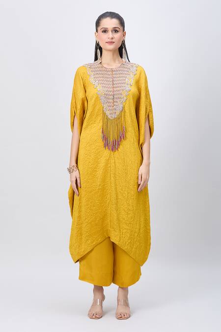Minaxi Dadoo_Yellow Silk Round Neck Embellished Crushed Kaftan And Pant Set _at_Aza_Fashions