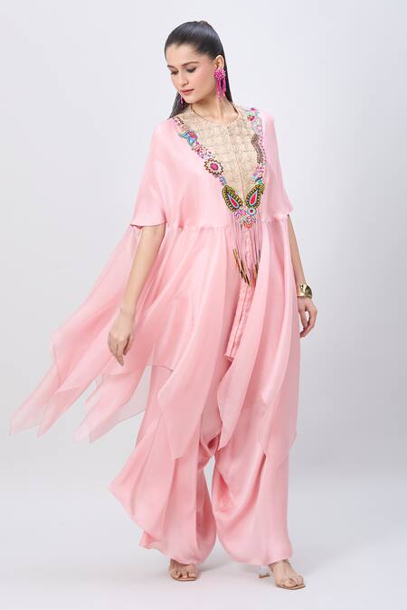Buy_Minaxi Dadoo_Pink Silk, Organza Embellished Hankey Cape And Flared Pant Set _Online_at_Aza_Fashions
