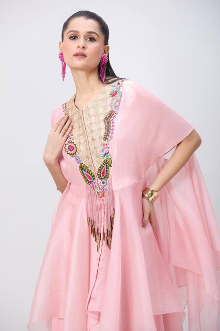 Shop_Minaxi Dadoo_Pink Silk, Organza Embellished Hankey Cape And Flared Pant Set _Online_at_Aza_Fashions