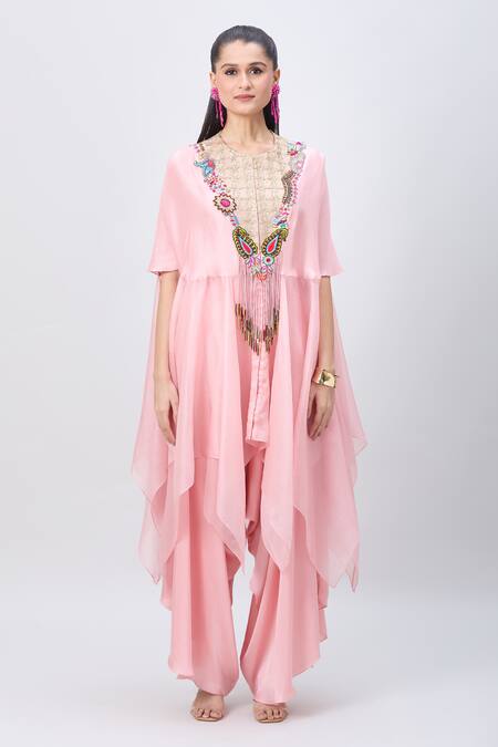 Buy_Minaxi Dadoo_Pink Silk, Organza Embellished Hankey Cape And Flared Pant Set 