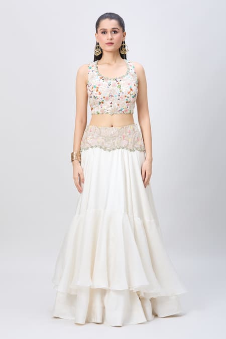 Minaxi Dadoo_Ivory Organza, Silk Embroidery Round Neck Botanic Cape And Skirt Set _Online_at_Aza_Fashions