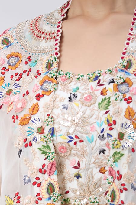 Buy_Minaxi Dadoo_Ivory Organza, Silk Embroidery Round Neck Botanic Cape And Skirt Set _Online_at_Aza_Fashions