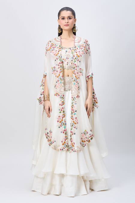 Shop_Minaxi Dadoo_Ivory Organza, Silk Embroidery Round Neck Botanic Cape And Skirt Set _Online_at_Aza_Fashions