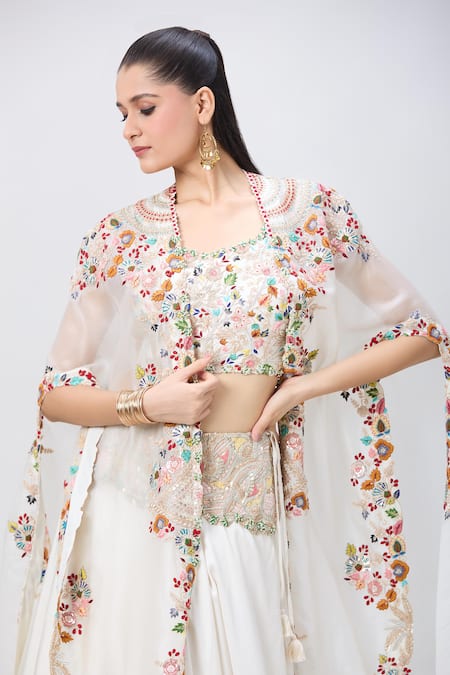 Buy_Minaxi Dadoo_Ivory Organza, Silk Embroidery Round Neck Botanic Cape And Skirt Set 