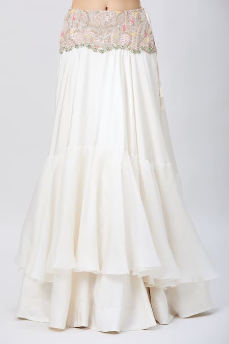 Shop_Minaxi Dadoo_Ivory Organza, Silk Embroidery Round Neck Botanic Cape And Skirt Set 